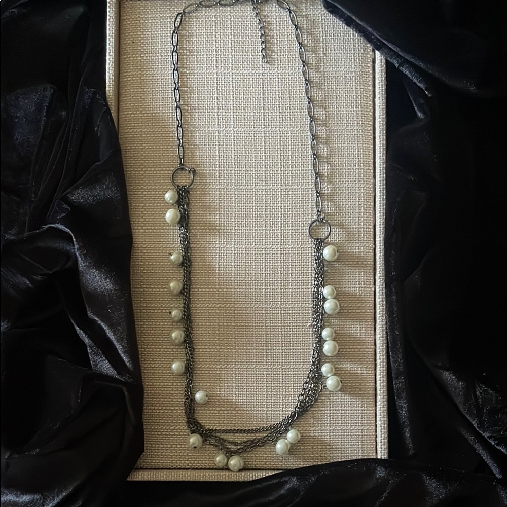 New York & Company Silver and White Necklace with Pearl Accents